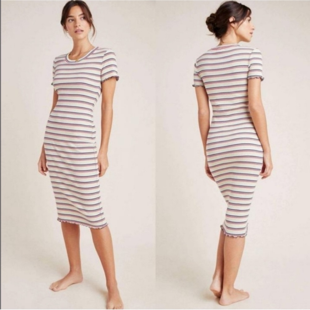 New Sundry Ribbed Rainbow Stripe Scalloped Hem Bodycon Midi T Shirt Dress